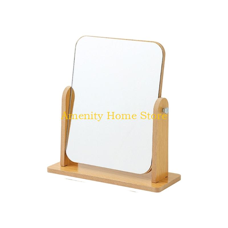 F26C Elegant Desk Makeup Mirror Cosmetic Mirror with Wooden Stand Vanity Mirror Rotatable Makeup Mirror Dormitory Room Decors