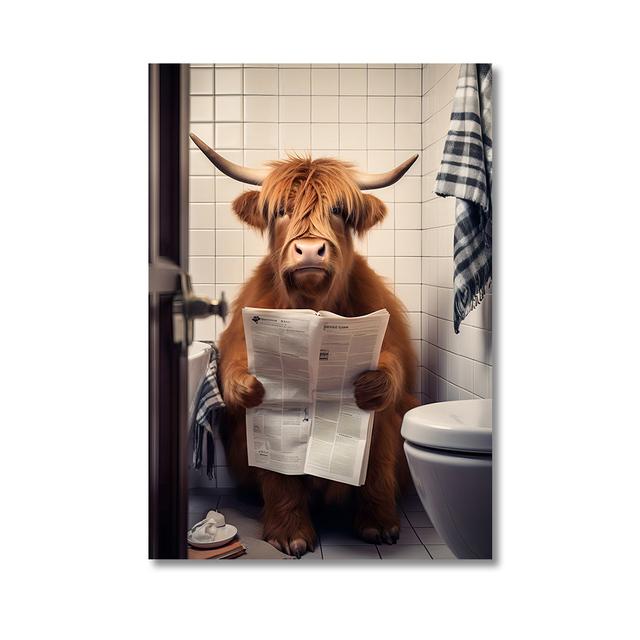 Funny Highland Cow On Toilet Wall Art Poster Prints Rustic Farmhouse Style Canvas Painting Picture for Bathroom Room Home Decor