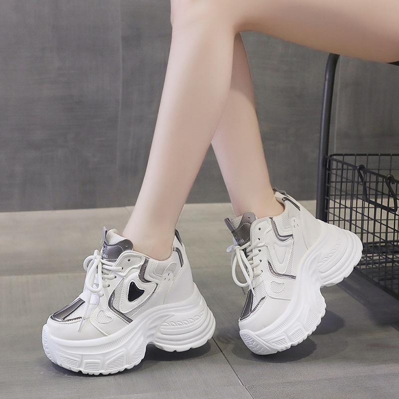 Fashion 10CM Women Casual Leather Mesh Shoes New Autumn Breathable Chunky Sneakers Street Height Increased Shoes Thick Platform Sneakers