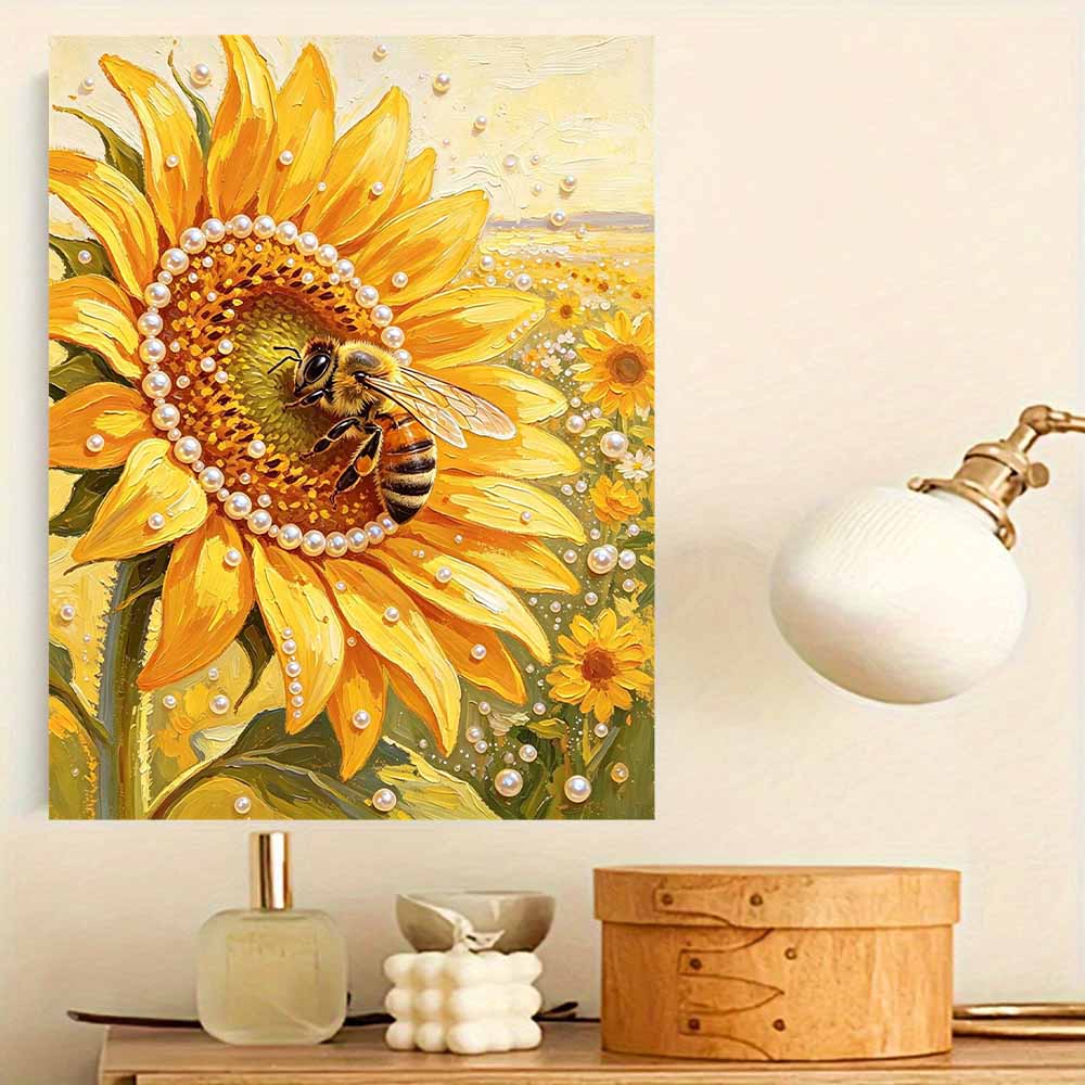 Sunflower and Bee Pattern 5D Pearl Painting Kit with Frame DIY Sparkling Bead Canvas Art Relaxing Craft for Home Wall Decor