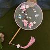 Ancient Style Magnolia Flower Embroidery Pink Round Fan, Double-Sided Embroidered Fan, Semi-Transparent Long-Handled Dance Fan, Traditional Chinese