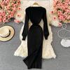 RUGOD Sexy Round Neck Knitted Slit Dress Women's New Autumn and Winter Bottoming Tight Elastic Wrap Hip Sweater Dress