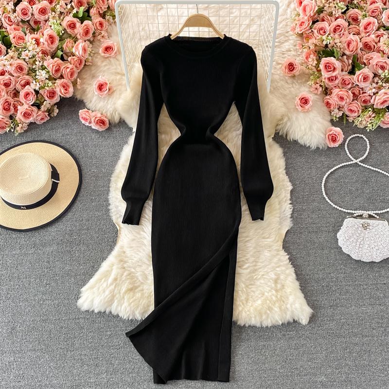 RUGOD Sexy Round Neck Knitted Slit Dress Women's New Autumn and Winter Bottoming Tight Elastic Wrap Hip Sweater Dress