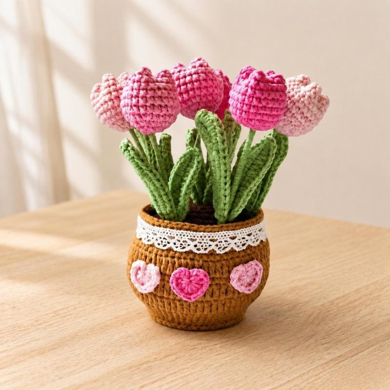 Potted Crochet Tulips Decors with Handcrafted Yarn Texture, Handmade Knitted Potted Flower for Tabletop Display, Gift for Women