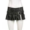 Women's Spice Girls Studded Belt Split Fashion Street Sexy Low Waist A-Line Leather Pleated Skirt