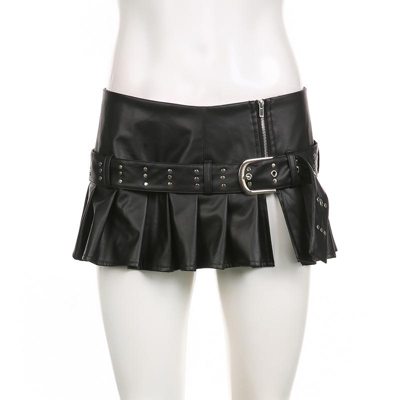 Women's Spice Girls Studded Belt Split Fashion Street Sexy Low Waist A-Line Leather Pleated Skirt