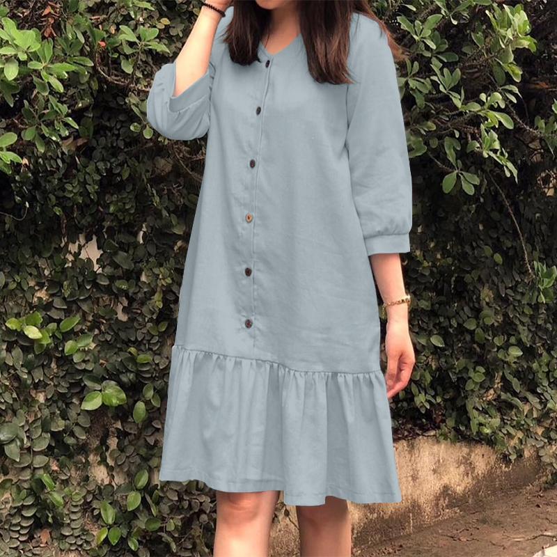 ZANZEA Women's V-neck 3/4 Sleeves Buttoned Pleated Solid Color Loose Dress