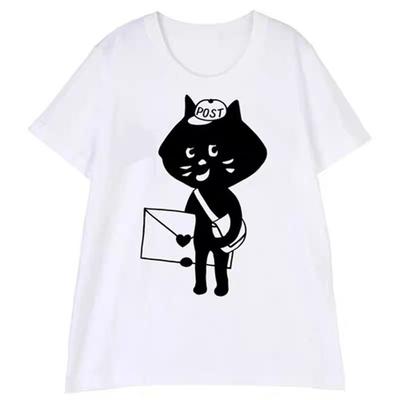 Niedliches und trendiges Überraschungskatzen-Cartoon-T-Shirt mit kurzen Ärmeln im japanischen Stil für Damen, lockeres Best-Friend-Outfit aus reiner Baumwolle