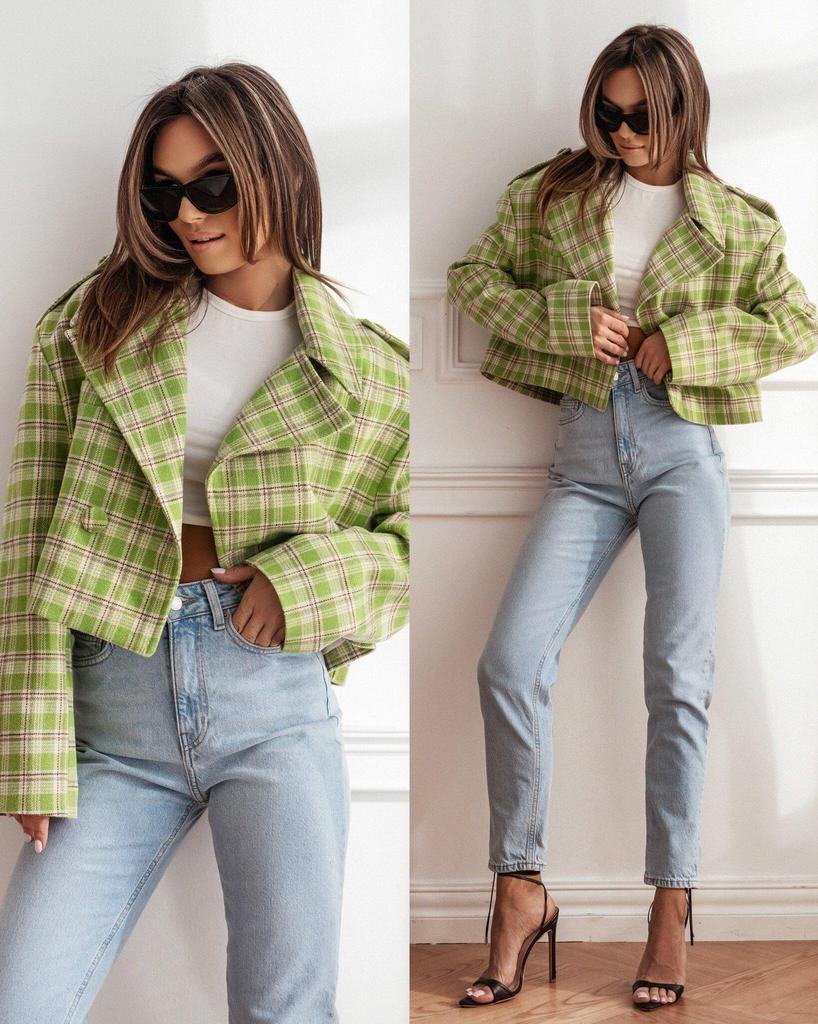 Autumn Plaid Woolen Lapel Jacket - British Style Cropped Design