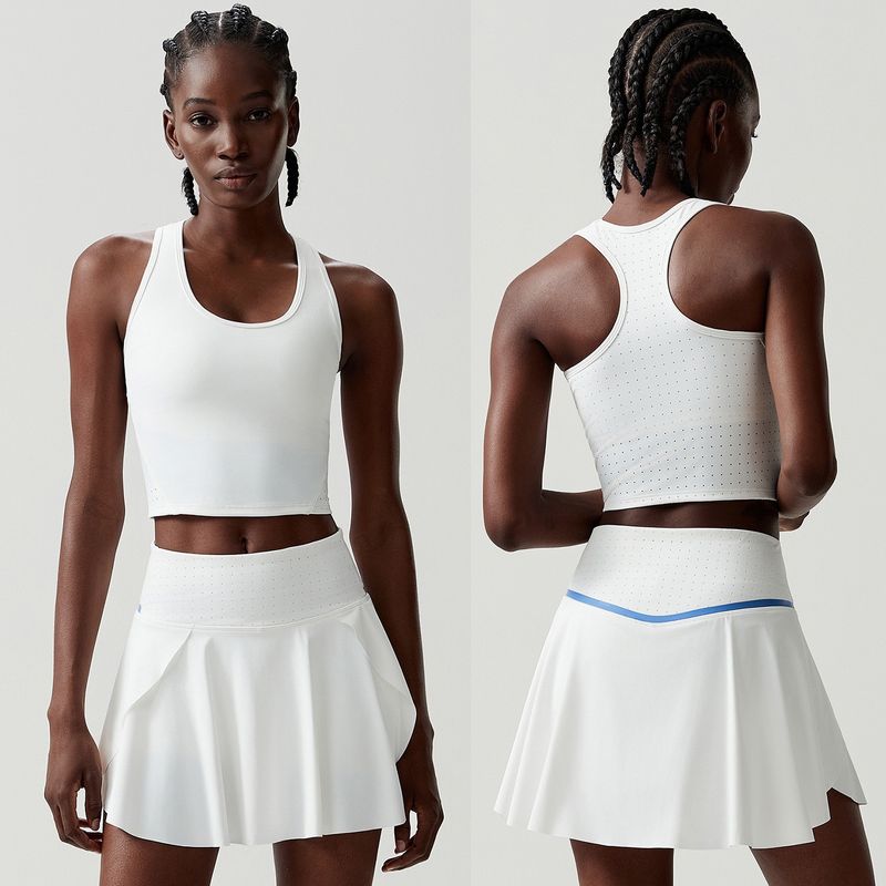 

Breathable Mesh Sports Set I-Shaped Beauty Back Shockproof Bra Sports Short dress Tennis Suit Set Two-piece Set Women Fairy White/Blue White (vest + skirt) L