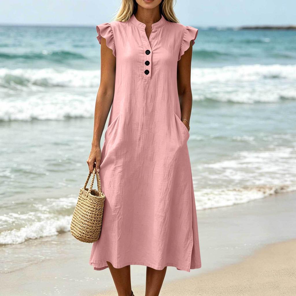 Women V Neck Dress Casual Midi Dress with Flutter Sleeves and Front Button Detail Pocket Dress Summer Loose Fit Dress