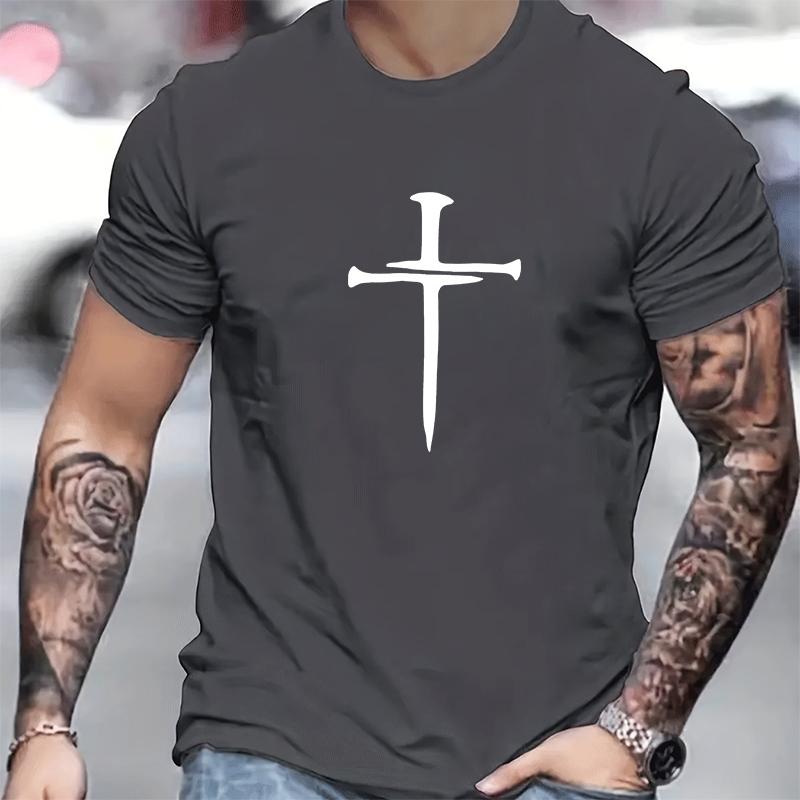 Cotton short sleeved men's T-shirt with cross pattern printed on it, men's summer outdoor clothing, daily style, fashionable and