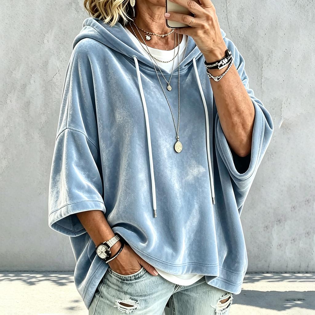 Women's Casual Velvet Hooded Pullover Top with and 3/4 Sleeves