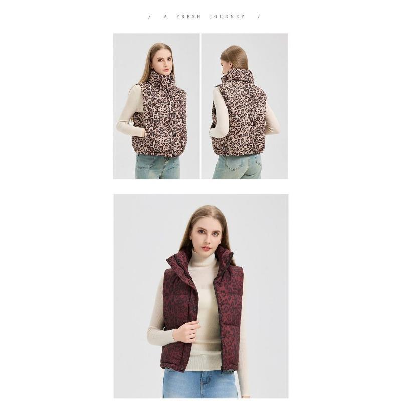 Women Short Stand Collar Leopard Print Loose Vest Jacket