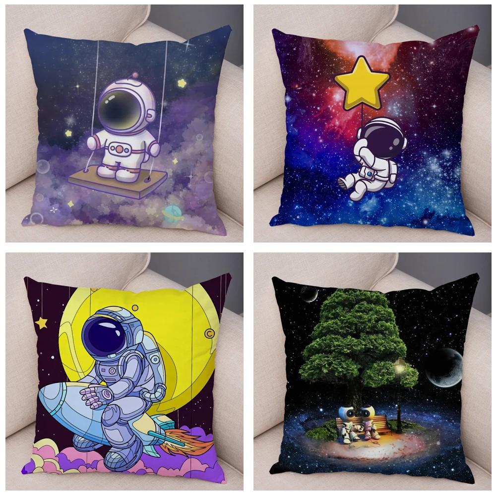 Cartoon Astronauten Kissenbezug Weicher Plüsch Dekor Kosmischer Himmel Kissenbezug für Sofa Zuhause Auto Doppelseitiger Druck Kissenhülle Kinderzimmer