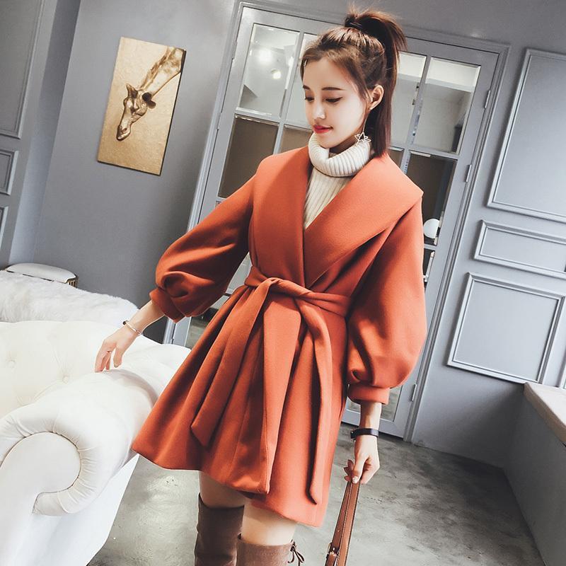 Petit Manteau Trench en Laine Style Coréen pour Femme avec Manches Lanternes - Longueur Moyenne pour Automne/Hiver