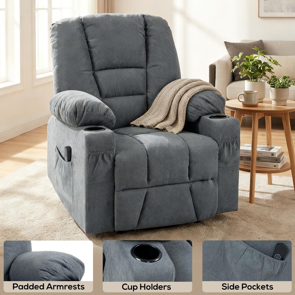 Oversized Riser and Recliner Chairs for the Elderly, Fabric Upholstered Lift Chair for Living Room with Remote Control, Side Pockets, Cup Holder, Grey