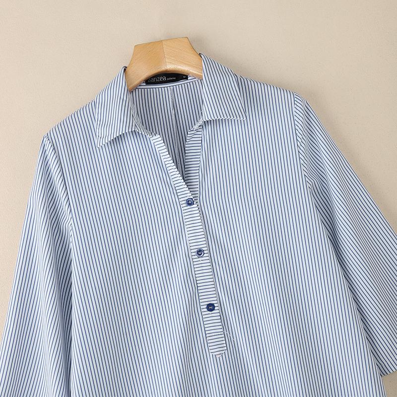 ZANZEA Women Casual Turn Down Collar Loose 3/4 Sleeve Stripe Long Dress