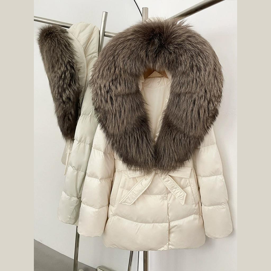 Winter Fox Big Fur Collar High-end Thickened Down Jacket Women's Mid-length Waist Imitation Leather Jacket