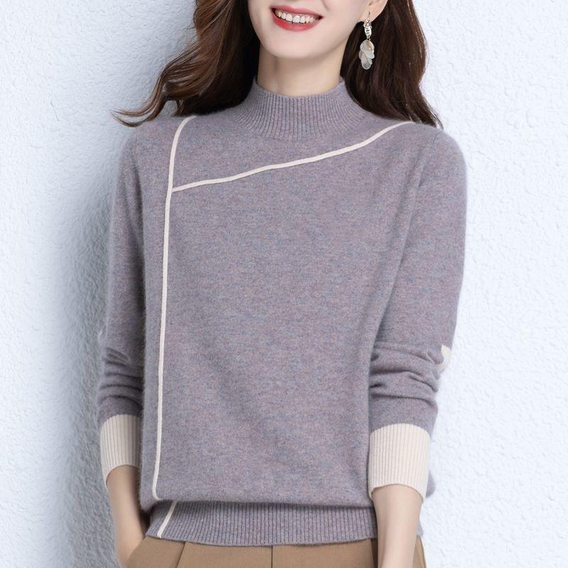 Pulover cu gât semiîngroșat de damă Tricoturi Toamnă Iarnă Pulover Tricoturi color-bloc Pulover Tricotat Topuri