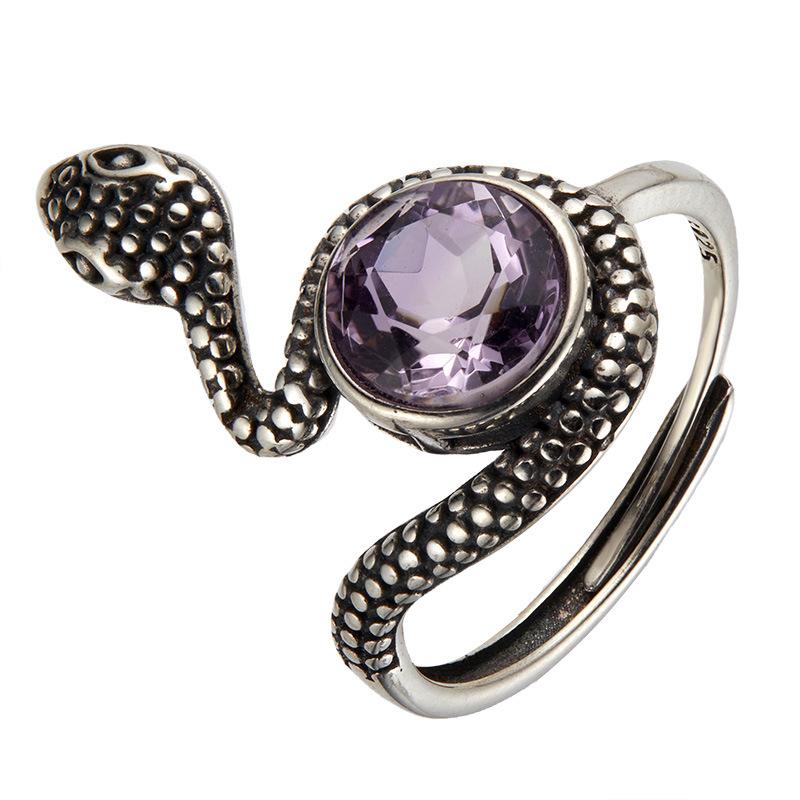 S925 Sterling Silver Natural Amethyst Topa Cat Eye Colored Treasure Thai Silver Ring Snake Hipster Personality Exaggerated Open Ring