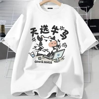 Camiseta de manga corta para mujer de algodón con estampado de dibujos animados, tops populares de media manga, camiseta de verano