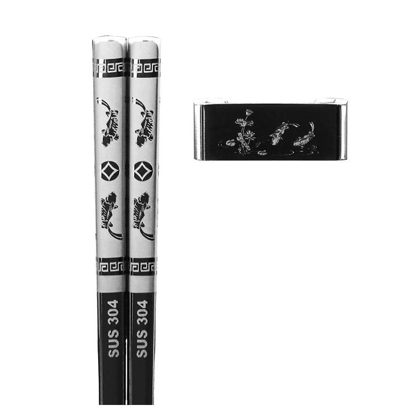 304 Stainless Steel Chopsticks & Rests Gift Set with Laser Black and White Logo