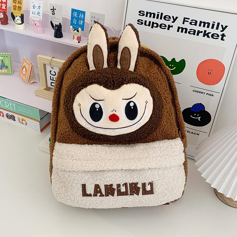 LABUBU Kreslená taška na kampus Plyšová taška Roztomilý batoh z jehněčí vlny Velkokapacitní Lehký Batoh odolný proti opotřebení