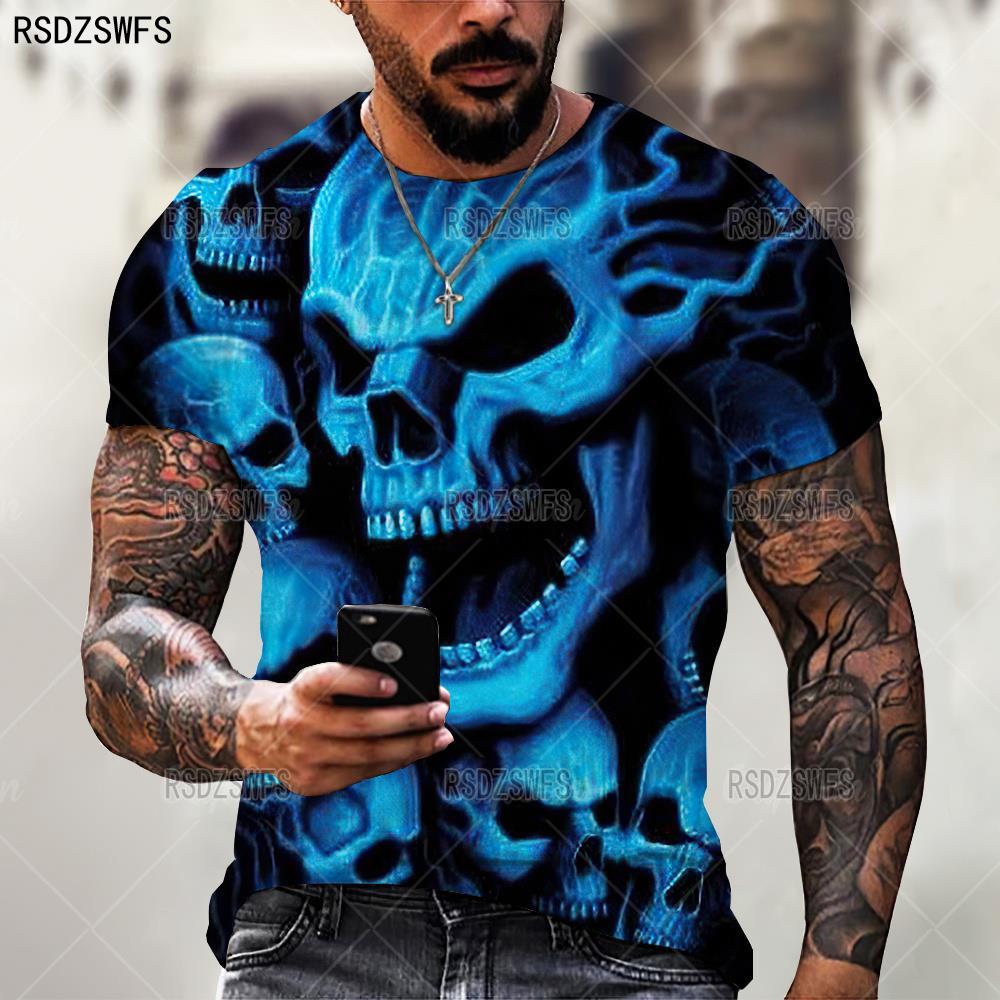 Černé tričko Lebka Pánské Punk Tričko Lebka Rock Gun Modré tričko Tričko s 3D potiskem Retro gotické pánské oblečení letní top