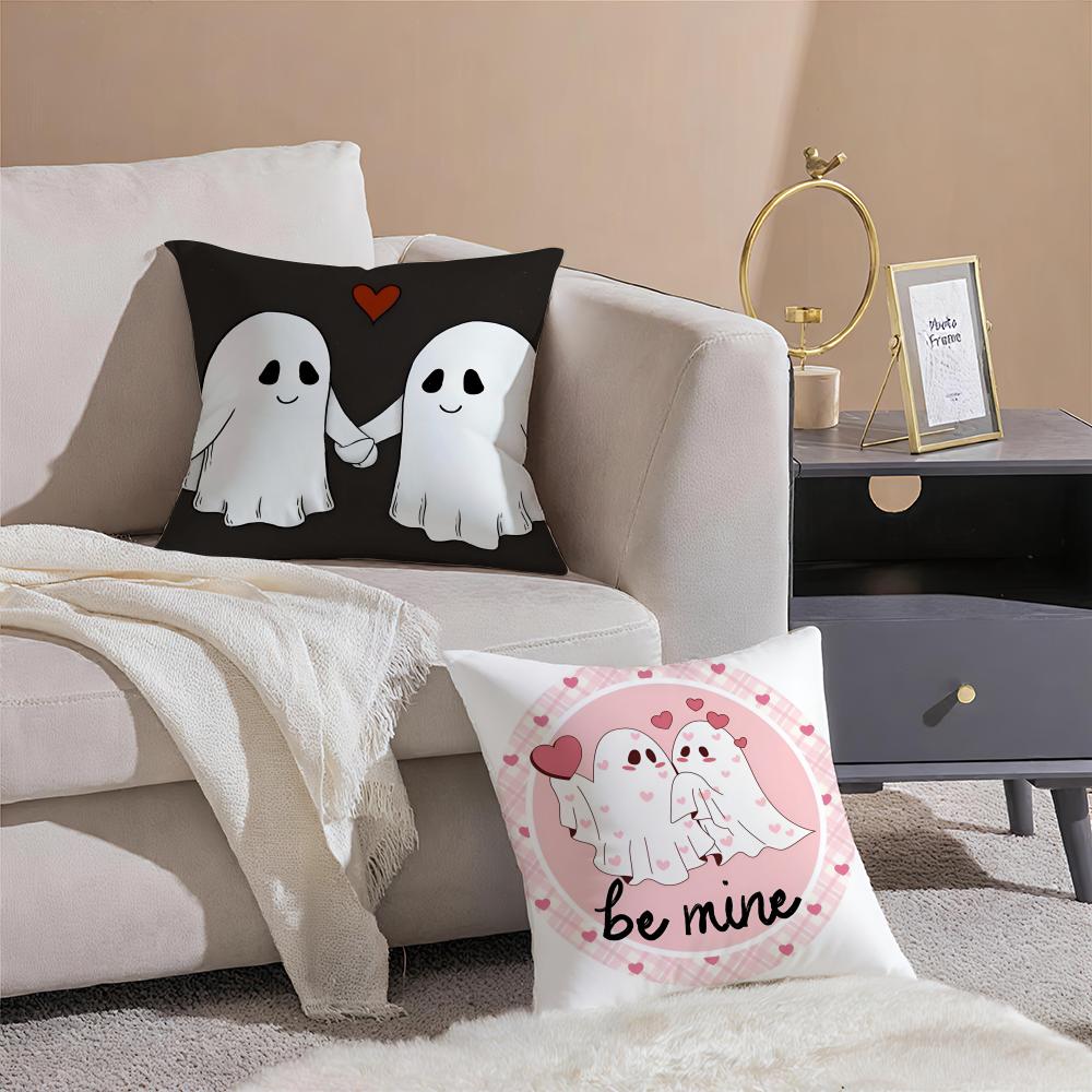 Funny Anime Cute GGhost Couple Cushion Cover Pillowcase Short Plush Invisible zipper Room Sofa Cushion Cover