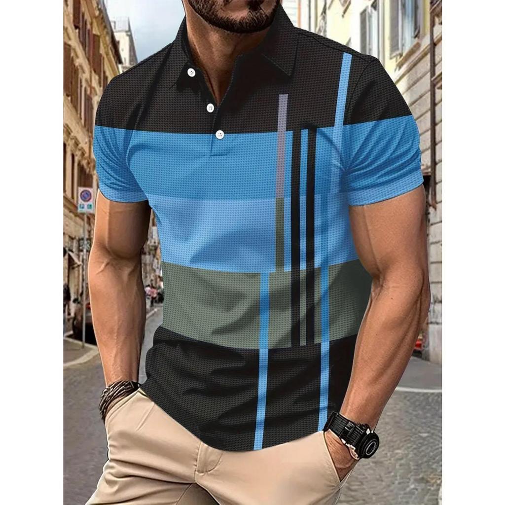 Summer Men's Daily Casual Stripe Printed Lapel Short Sleeve Polo Shirt Top