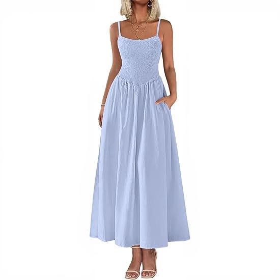 Women's Spaghetti Strap Maxi Dress with Ruffles and Pockets