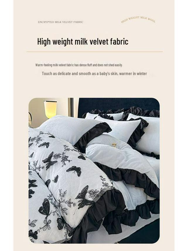 G5ZG5Z Korean Winter Velvet 4-Piece Set: Princess Style with Double-Sided Fleece and Lace Edging Quilt Cover.