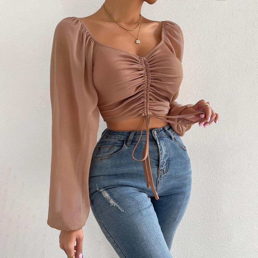 Ladies Casual Solid Color Square Neck Pullover Mesh Splicing Sexy Fashion Top