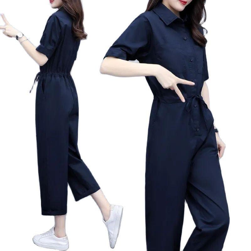 Summer Rompers Ice Silk Korean High-Waist Short-Sleeved Jumpsuit with Waist Fashion Casual Suit Jumpsuit Streetwear Lady