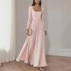 Elegant Square Neck Long Sleeve Waist-Cinched Pleated Maxi Dress Women 2026 Fall Formal Occasion