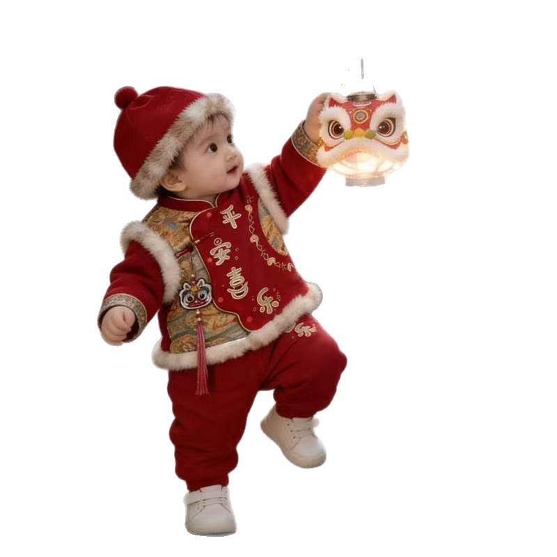 Samt Gepolsterter Tang-Anzug Baby Winter Set: Festliche Kleidung zum ersten Geburtstag des Babys in festlichem Rot