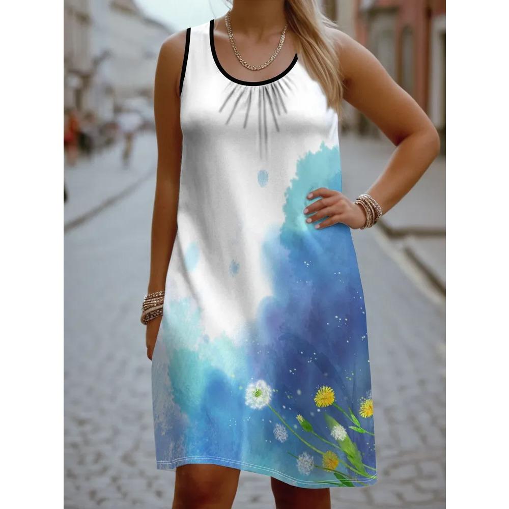 Robe d'été sans manches grande taille pour femme, motif floral 3D, col rond, longueur genou, sans poche, coupe ample, douce