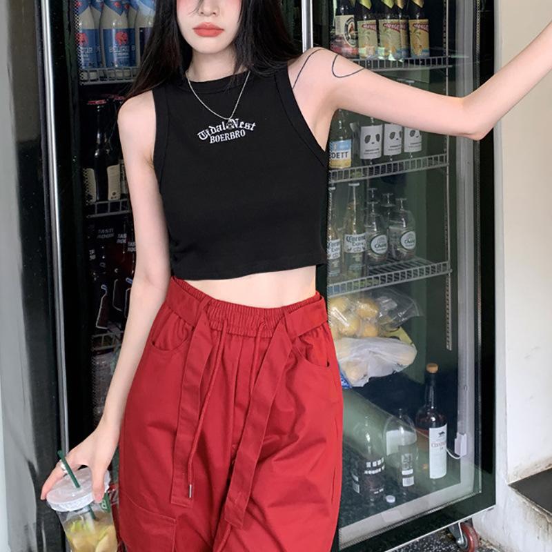 

Sexy Short I-shaped Black Inner Embroidered Vest To Make You Look Slim In Summer Slim Fit Outside Sleeveless Suspender for Fem Practical Use M
