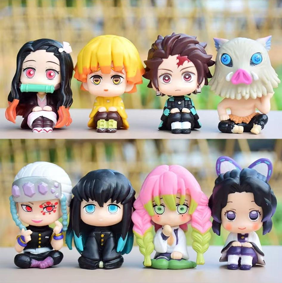 8Pcs Q Version Demon Slayer Toy Sitting Ghost Dolls Of Tanjiro Nishimura Inosuke Zenitsu - Pvc Figurines Collectible Model Gift