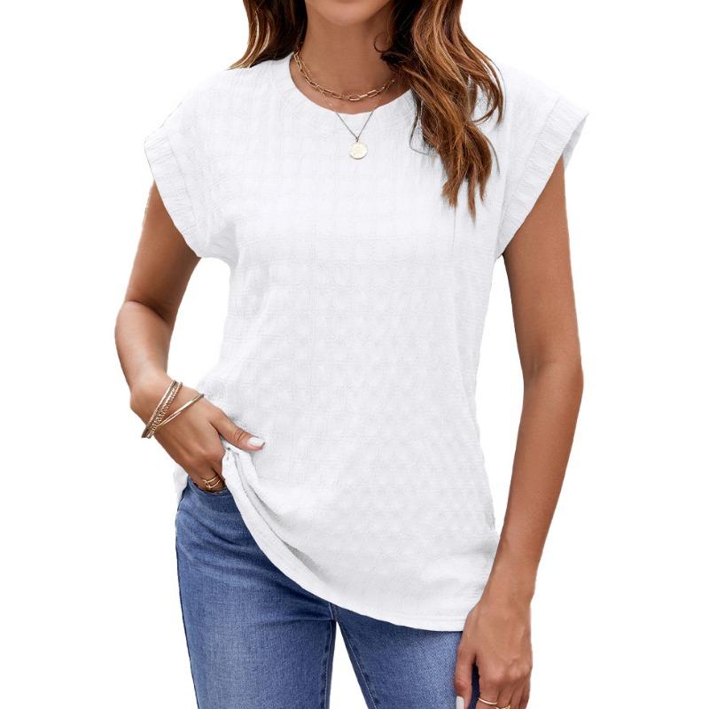 Spring Summer Solid Color Jacquard Solid Color Round Neck Short Sleeved T-shirt Top for Women Shirt