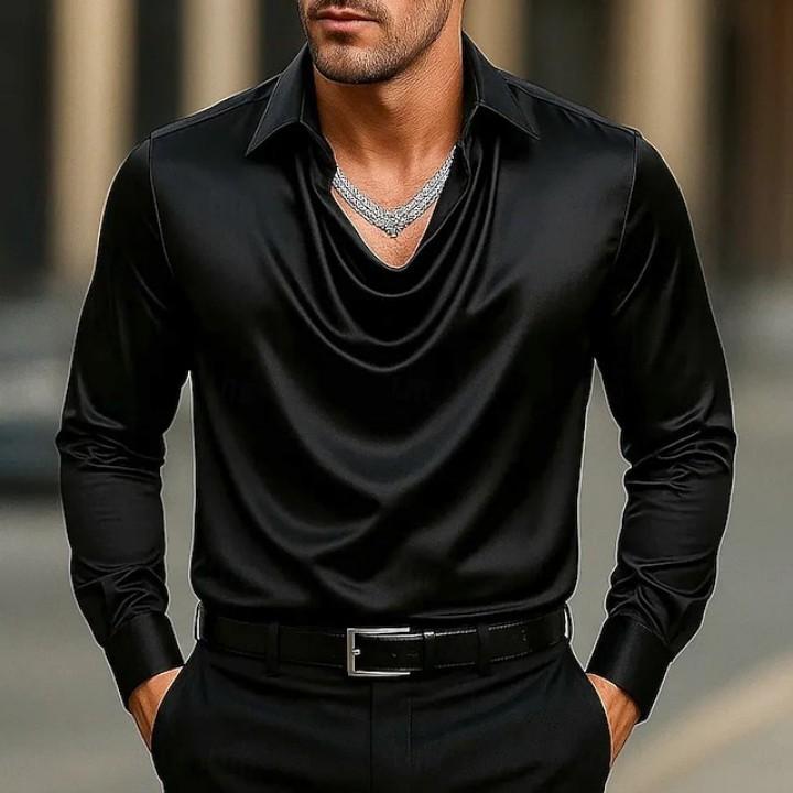 Casual Heren Satijn Zijde Dress Shirts Lange Mouw Sociaal Single Breasted Knoop Turn-Down Kraag Shirts Bruiloftsfeest Herenkleding