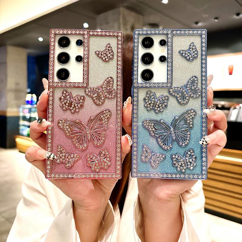 Gradient Glitter Powder Three Dimensional Butterfly Suitable for Samsung S25 Mobile Phone Case S24ultra Flash Diamond A14 A26 Protective Case