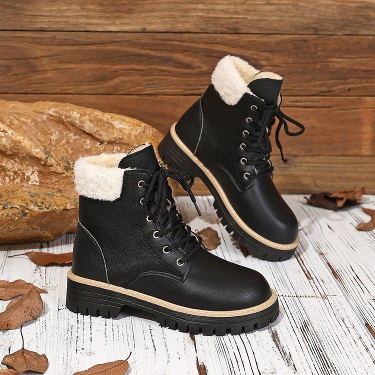 Women's Lace-up Large Size Soft Sole Winter Warm Fur Snow Boots Padded Lined Ankle Boots Anti-slip Hiking Casual Sports Cotton Boots Martin Boots