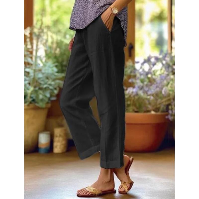 Women's Solid-Color Cotton-Linen Relaxed-Fit Wide-Leg Casual Pants with Elastic Waistband for Spring/Summer