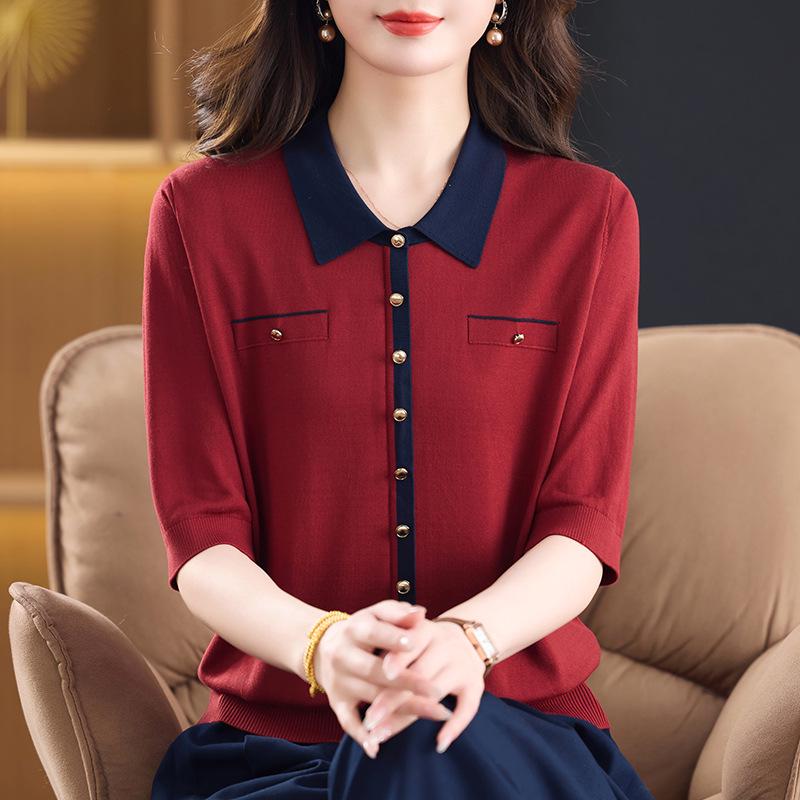 Mid-Aged Women s Spring Five-Sleeve Lapel Knit Pullover 2026 - New Loose Fit for Spring/Summer 5XL (150-165 lbs)