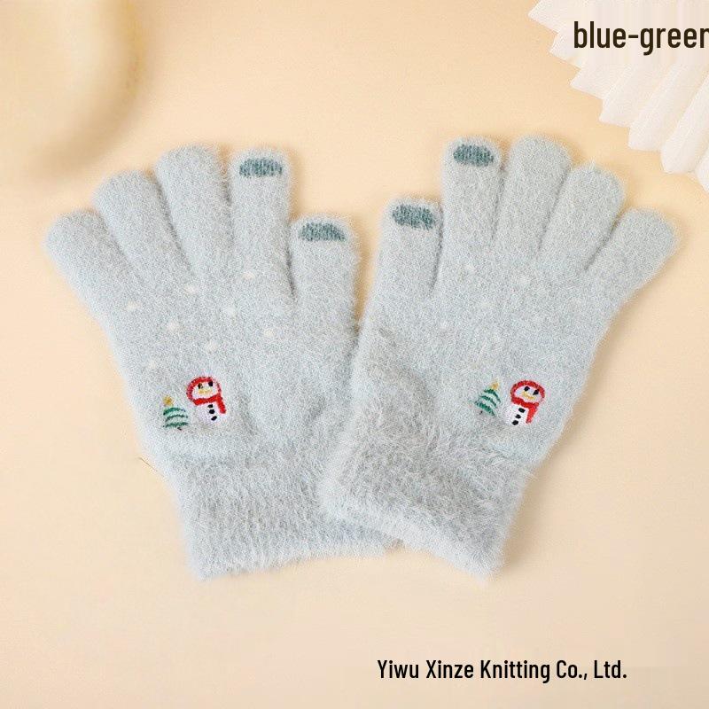 Korean Style Christmas Embroidered Warm Wool Touchscreen Gloves for Men and Women