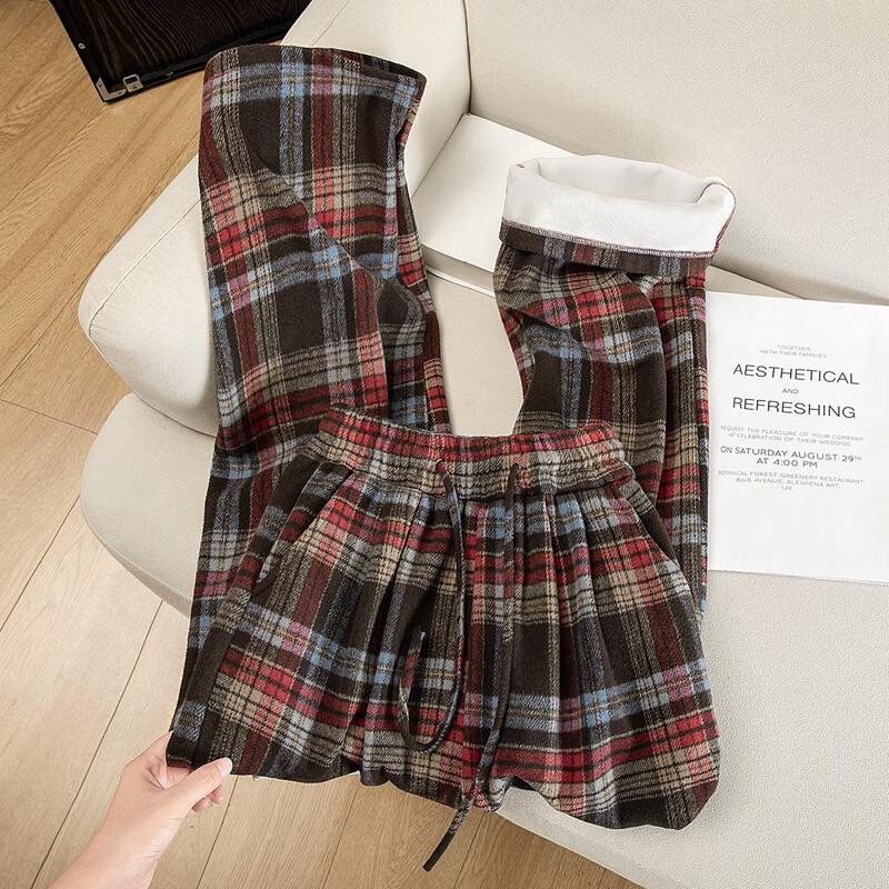Sispecher Women's Retro Color Block Plaid Fleece-Lined Wide-Leg Pants