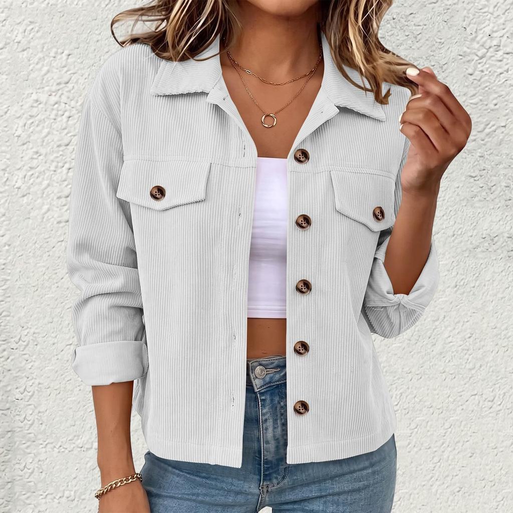 Corduroy Jacket Women Long Sleeve Button Down Cropped Jacket
