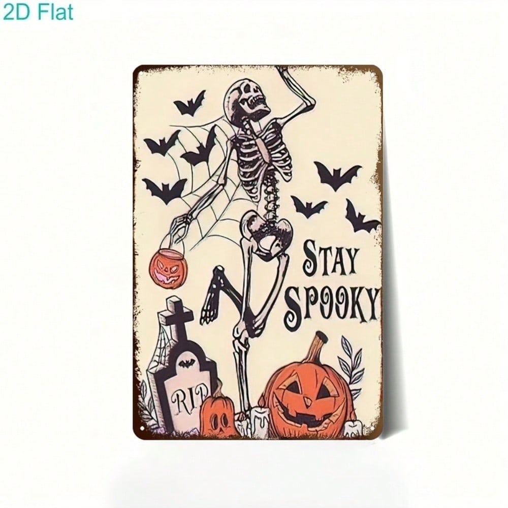 Spooky Skeleton Pumpkin Halloween Metal Sign, Vintage Retro Tin Plaque for Wall, Haunted House Bar Cafe Decor